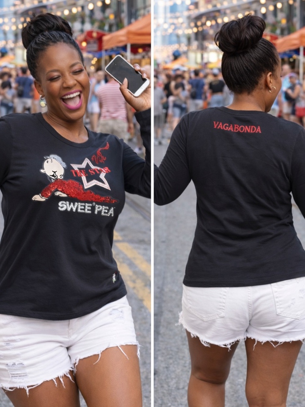 Monella Vegabonda Sweet Pea Black Long Sleeve Tee with Red and White Graphic MED - Picture 2 of 12